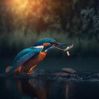 Common European Kingfisher river kingfisher flying after emerging from water with caught fish prey in beak photo