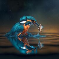 Common European Kingfisher river kingfisher flying after emerging from water with caught fish prey in beak photo