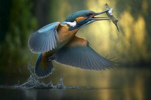 Common European Kingfisher river kingfisher flying after emerging from water with caught fish prey in beak photo