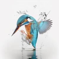 Common European Kingfisher river kingfisher flying after emerging from water with caught fish prey in beak photo