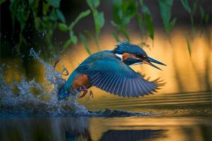 Common European Kingfisher river kingfisher flying after emerging from water with caught fish prey in beak photo