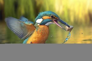 Common European Kingfisher river kingfisher flying after emerging from water with caught fish prey in beak photo