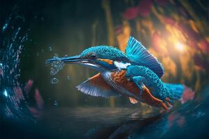 Common European Kingfisher river kingfisher flying after emerging from water with caught fish prey in beak photo