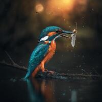 Common European Kingfisher river kingfisher flying after emerging from water with caught fish prey in beak photo