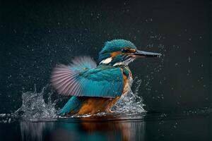 Common European Kingfisher river kingfisher flying after emerging from water with caught fish prey in beak photo