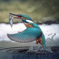 Common European Kingfisher river kingfisher flying after emerging from water with caught fish prey in beak photo