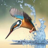 Common European Kingfisher river kingfisher flying after emerging from water with caught fish prey in beak photo