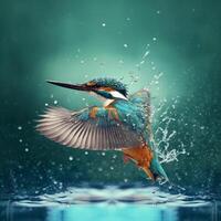 Common European Kingfisher river kingfisher flying after emerging from water with caught fish prey in beak photo