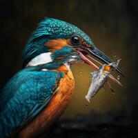 común europeo martín pescador río martín pescador volador después emergente desde agua con atrapado pescado presa en pico ai generativo foto