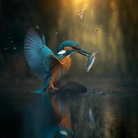 Common European Kingfisher river kingfisher flying after emerging from water with caught fish prey in beak photo