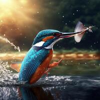 Common European Kingfisher river kingfisher flying after emerging from water with caught fish prey in beak AI Generative photo