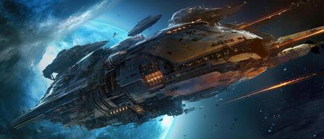 illustration of a cool fantasy pirate spaceship in galaxy photo