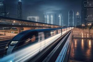 moderno alto velocidad tren a noche. generativo ai foto