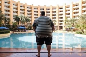 Fat man at summer vacations near swimming pool. Obesity problem. Generative AI photo
