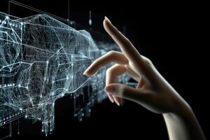 Hand touching digital data network. Communication with artificial intelligence. photo