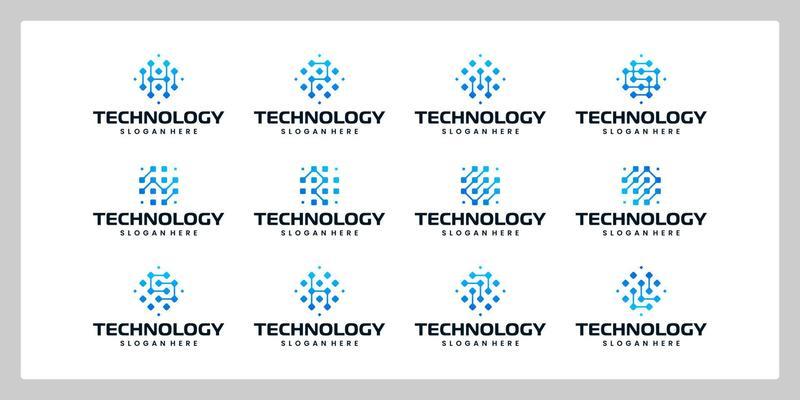 Set of technology initial letter logo design template with box pixel digital graphic design illustration. Symbol for tech, internet, system, Artificial Intelligence and computer.