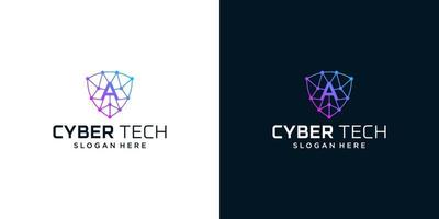 Cyber tech logo design template with initial letter A graphic design vector illustration. Symbol for tech, security, internet, system, Artificial Intelligence and computer.