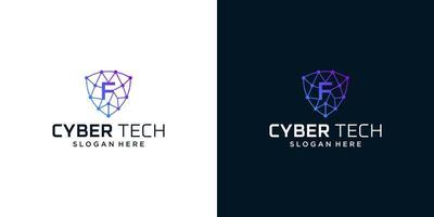 Cyber tech logo design template with initial letter F graphic design vector illustration. Symbol for tech, security, internet, system, Artificial Intelligence and computer.