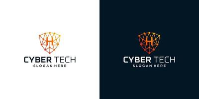 Cyber tech logo design template with initial letter H graphic design vector illustration. Symbol for tech, security, internet, system, Artificial Intelligence and computer.