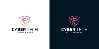 Cyber tech logo design template with initial letter E graphic design vector illustration. Symbol for tech, security, internet, system, Artificial Intelligence and computer.