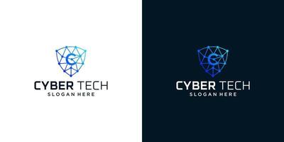 Cyber tech logo design template with initial letter C graphic design vector illustration. Symbol for tech, security, internet, system, Artificial Intelligence and computer.