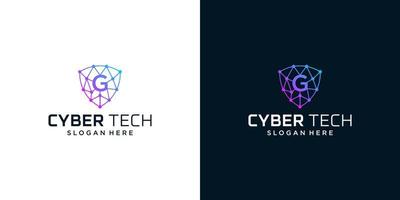 Cyber tech logo design template with initial letter G graphic design vector illustration. Symbol for tech, security, internet, system, Artificial Intelligence and computer.