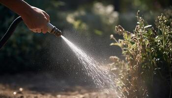 A hand holding a hose nozzle and watering the garden outside. Splashing and spraying water from the hose. photo