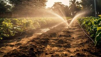 Water splash spray at the vegetable field crop or garden soil could be from hose or garden sprinkler. Watering the plant at the garden backyard or vegetable crop. photo