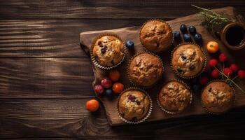 Chocolate muffin wood background flat lay food photography copy spacce detail close up studio product presentation . photo