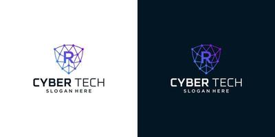 Cyber tech logo design template with initial letter R graphic design vector illustration. Symbol for tech, security, internet, system, Artificial Intelligence and computer.