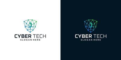 Cyber tech logo design template with initial letter J graphic design vector illustration. Symbol for tech, security, internet, system, Artificial Intelligence and computer.