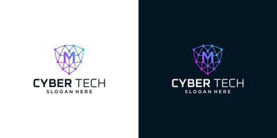 Cyber tech logo design template with initial letter M graphic design vector illustration. Symbol for tech, security, internet, system, Artificial Intelligence and computer.