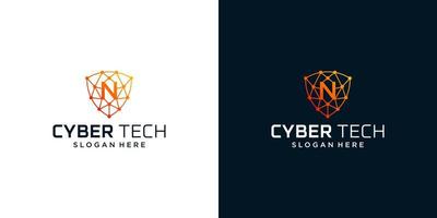 Cyber tech logo design template with initial letter N graphic design vector illustration. Symbol for tech, security, internet, system, Artificial Intelligence and computer.