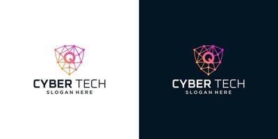 Cyber tech logo design template with initial letter Q graphic design vector illustration. Symbol for tech, security, internet, system, Artificial Intelligence and computer.