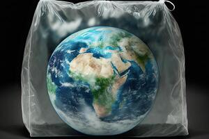 generativo ai ilustración de planeta tierra en un el plastico bolso foto