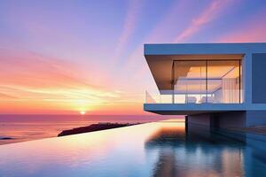 illustration of a modern villa in the sunset with a pool photo