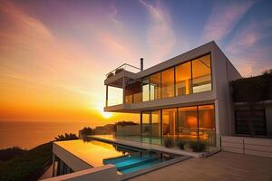 illustration of a modern villa in the sunset with a pool photo