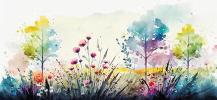 illustration of a watercolor meadow with spring flowers photo