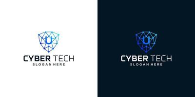 Cyber tech logo design template with initial letter U graphic design vector illustration. Symbol for tech, security, internet, system, Artificial Intelligence and computer.