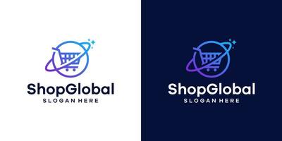 Shopping cart logo design template with globe design vector illustration. icon, symbol, creative.