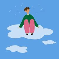 el personaje se sienta en un nube y Sueños en el nubes, lejos lejos desde todos. solitario hombre en su interior mundo. un introvertido en tu propio mundo. plano ilustración en dibujos animados estilo. vector