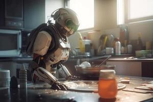 robot assistant washes dishes in the kitchen photo