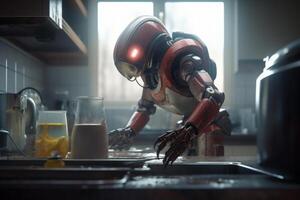 robot assistant washes dishes in the kitchen photo