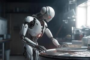 robot assistant washes dishes in the kitchen photo