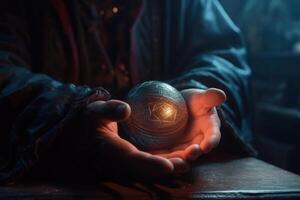 the hands of the sorcerer wizard hold a magic ball for fortune-telling the prediction of the future photo