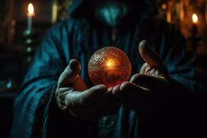 the hands of the sorcerer wizard hold a magic ball for fortune-telling the prediction of the future photo