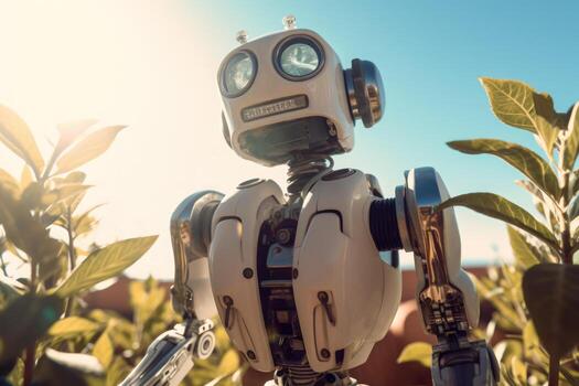robot in the summer flower field, nature and robotics photo