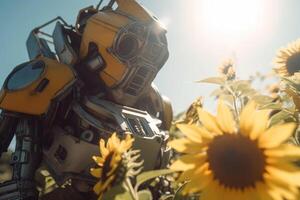 robot en el verano flor campo, naturaleza y robótica generativo ai foto