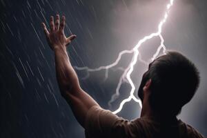 inmortalidad hombre estiramientos su brazos arriba durante un relámpago tormenta generativo ai foto