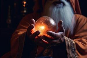 the hands of the sorcerer wizard hold a magic ball for fortune-telling the prediction of the future photo